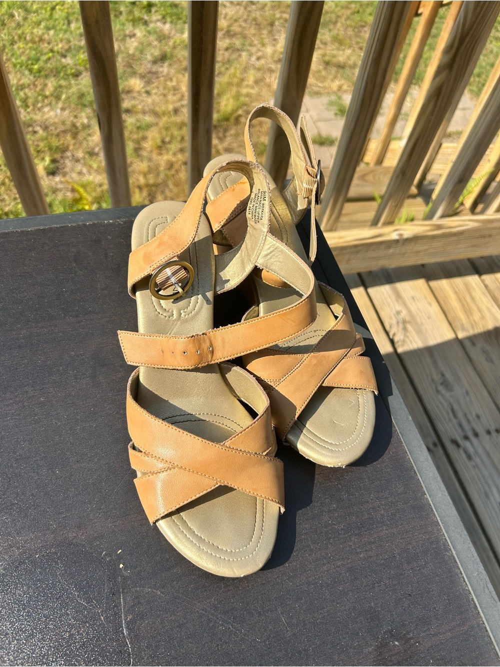 Bandolino Tan Leather Crisscross Wedge Sandals